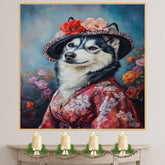 Graceful Beauty: Siberian Husky in a Delicate Flowery Kimono and Hat on Ready to Hang 1.5" Thick Canvas Wrap, Floating Framed Canvas, Flat Rolled Canvas
